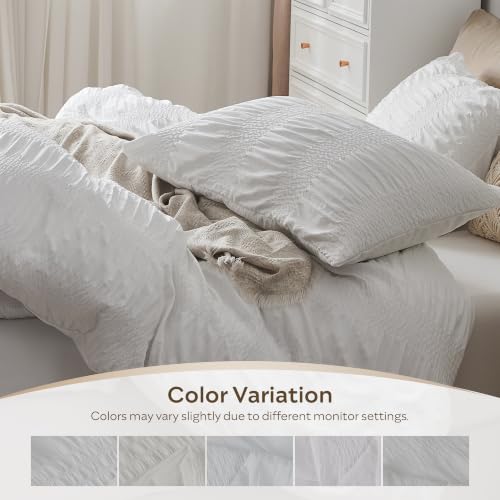 Image of JELLYMONI Seersucker Duvet Cover Set Twin, 3pcs White-Wide Polyester | In Dorm & Kids Room, Single Sleepers Pick, Crinkled Texture, Oeko-Tex Certified, 8 Corner Ties & Hidden Zipper