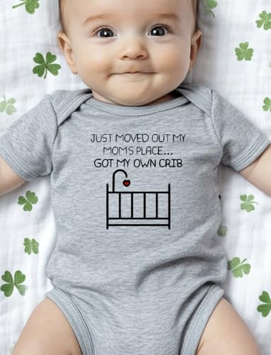 hrcfbk Newborn Infant Baby Boys Girls Bodysuit Short Sleeve Just Move Out My Mom's Place Got My Own Crib Funny Bodysuit(0-3Months,Grey Crib) — view 5
