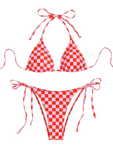 Image of ZAFUL Womens Printed Triangle Bikinis 2 Piece Halter Bikini Sets High Cut Bathing Suit Side Tie Swimsuits