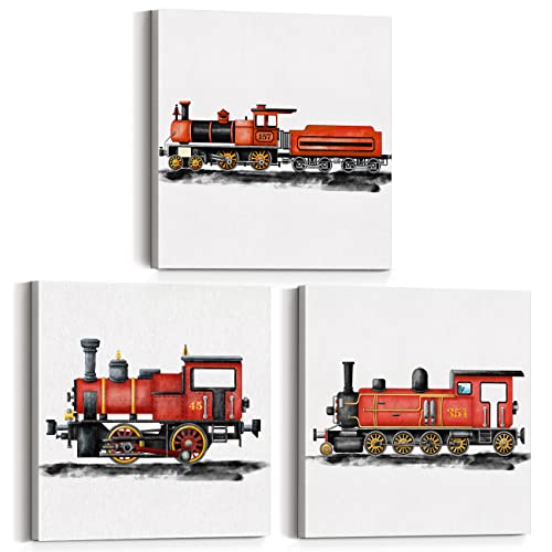 Yuzi-N Set Of 3 Retro Steam Train Nursery Vehicle Art Posters Canvas Wall Art & Tabletop Home Kids Bedroom Decoration, Watercolor Red Locomotive Prints Easel & Hanging Hook 12X12 Inch #TOP15