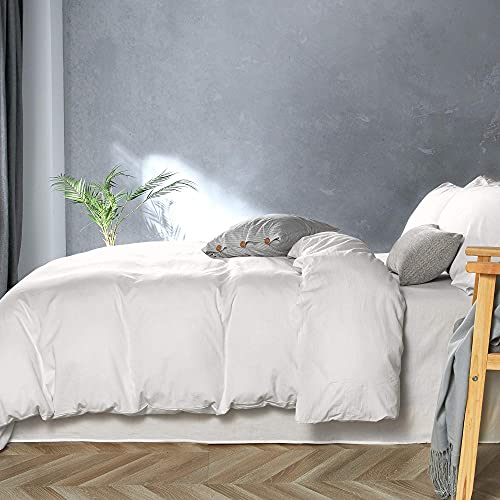 Jellymoni Twin Size Pure White 100% Washed Cotton Duvet Cover Set, 2 Pieces Luxury Soft Bedding Set With Buttons Closure. Solid Color Pattern Duvet Cover(No Comforter) #TOP1