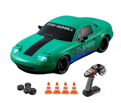 Image of RC Drift Car 1:14 Scale 4WD High-Speed Remote Control Car with LED Lights 2.4GHz Rechargeable Drift Racing Car with Extra Tires & Cones Toy for kids [Colors as Per Stock] (Mazada Rc Drift -Green)