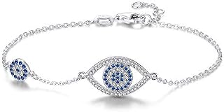Blue Evil Eyes Link Bracelet Sterling Silver 925 Cubic Zirconia Chain Adjustable 7"