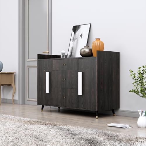 Image of Bniture Wooden Sideboard Cabinet for Living Room | Wooden Storage Cabinet with 2 Door & 3 Drawer | Engineered Wood Multipurpose Cabinet with Spacious Shelves for Home & Office | Flower Wenge