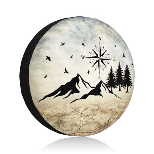 Image of Nature Mountain Land Spare Tire Cover Compass Wheel Covers 15 Inch | Earthy Yellow，Polyester，Protectors Tire Cover，Waterproof，Dust-Proof，Universal，Fit for RV Jeep SUV Motor Travel Camper Tires