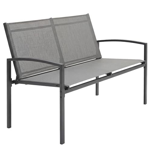 Outsunny Metal Garden Bench, 2 Seater Outdoor Furniture Seating with Breathable Texteline Fabric, Curved Armrest, Park Patio Seat for Porch, Balcony, Grey