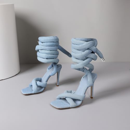 Image of LingxiaUne Blue Lace Up Sandals for Women Elegant Strappy Heels with Open Square Toe Sexy Tie Up Stiletto Heel Sandal for Party Dancing Wedding Size 11