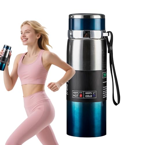 Botella de agua de acero inoxidable, a prueba de fugas, botella de viaje de 9.84 x 3.54 x 3.54 pulgadas, termo de hidratación aislado al vacío con correa de transporte, contenedor térmico para bebidas