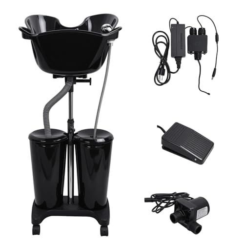 Masiunoz Portable Shampoo Bowl with 270° Rotation, Adjustable Height Hair Washing Basin, 10L Dual Buckets & Electric Pump, Silent Wheels for Home Salon Use Black