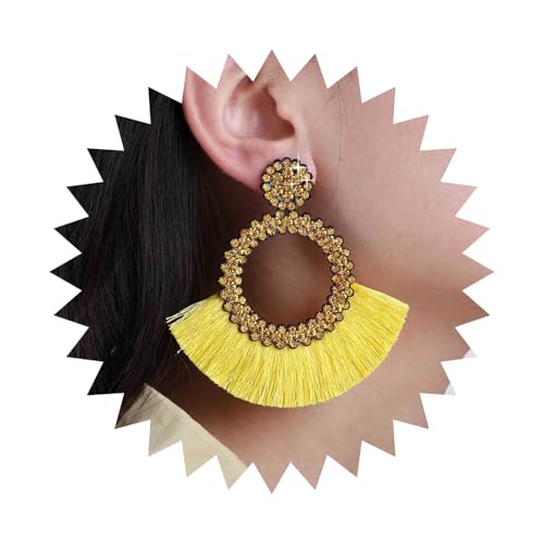 Dervivea Boho Citrino Circulo Pendientes Colgantes Pendientes De Borlas Amarillo Gran Circulo De Cz Pendientes Colgantes Abanico Flecos Pendientes Colgantes Circulo De Cristal Amarillo Pendientes De