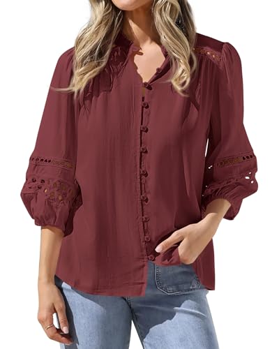 BTFBM Summer Tops for Women 2026 Eyelet Top 3/4 Length Sleeve Dressy Casual Blouses Spring Boho Button Down Shirts(Jujube Red, Medium)