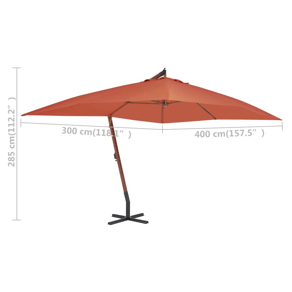 Parasol przeciwsłoneczny z drewnianym masztem 400 x 300 cm, terakota, duży parasol ogrodowy z mechanizmem korbowym i stabilną podstawą krzyżową na taras i balkon