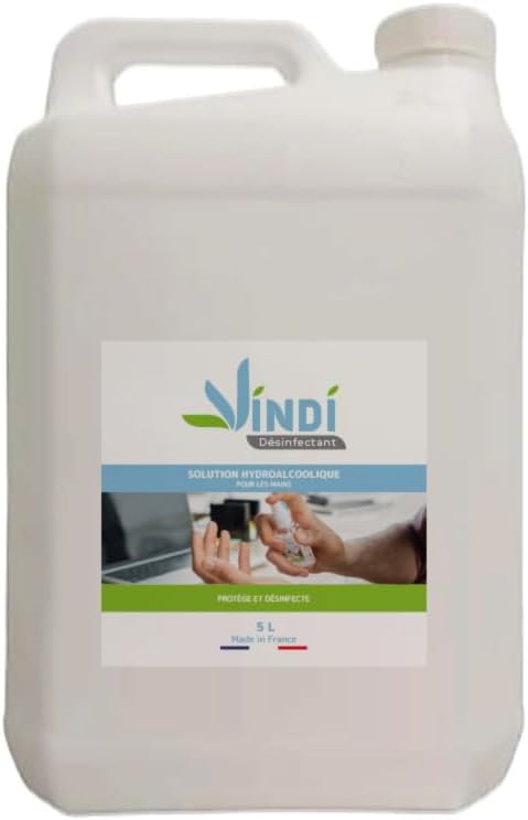 Vindi Désinfectant solution hydroalcoolique - Bidon de 5L - Fabrication Française - 76% d'alcool - D