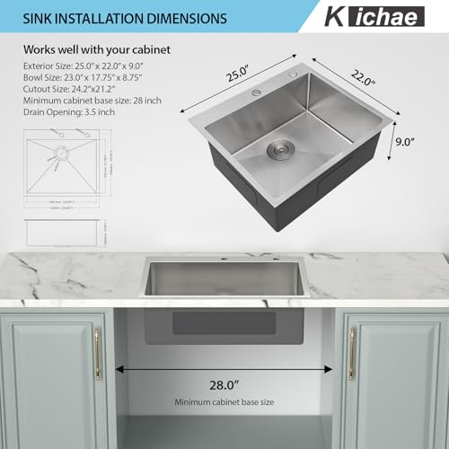 Image of Kichae 25 Inch Drop In Kitchen Sink - 25x22 Drop Sink Stainless Steel 16 Gauge Single Bowl Topmount Deep Basin Drop Kitchen Sinks Round Corner Handmade Sink