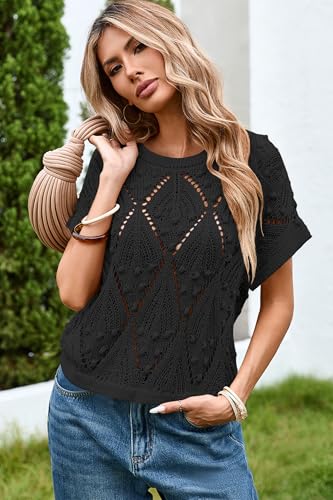 Image of Cakulo Womens Summer Crochet Boho Crop Tops Short Sleeve Lightweight Knit Sweater 2026 Beach Vacation Cruise Resort Wear