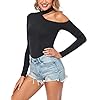 SEVEGO Women's Soft Mock Neck Off The Shoulder Bodysuit with Long Sleeve Stretchy Tops Jumpsuit, Black, M