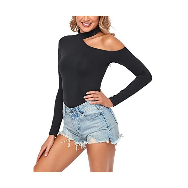 SEVEGO Women's Soft Mock Neck Off The Shoulder Bodysuit with Long Sleeve Stretchy Tops Jumpsuit, Black, M