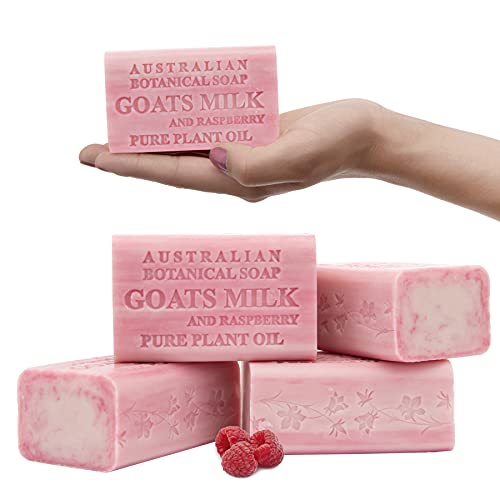 Australian Botanical Soap Goats Milk and Raspberry – Triple Milled 6.6 oz Bar Soap with Shea Butter, Face Hand & Body Soap Bars, Pack of 4