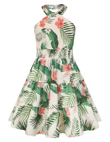 GRACE KARIN Girls Summer Hawaiian Dresses Size 8 Little Girl Tropical Luau Dress Kids Spring Party Sundress Beige