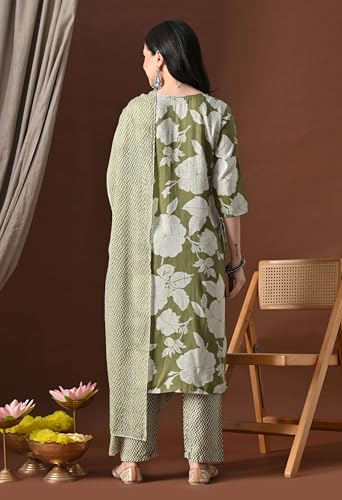 Image of Amazon Brand - Tavasya Women Cotton Anarkali Kurta Pant Dupatta Set | Printed Ethnic Suit Set | Flared Anarkali Kurta with Pant & Dupatta | Festive & Casual Wear