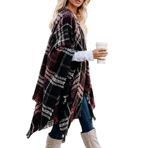 LittleMax Women's Shawl Wraps Fall Clothes Open Front Boho Tessel Cardigan Plaid Knitted Sweater