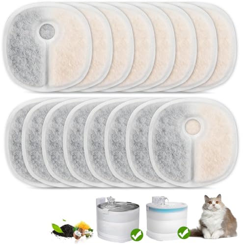 16 Pack Replacement Filters for E1/E1+ Pumpless Cat Water Fountain Triple Layer Filtration System with Activated Carbon & Ion Exchange Resin 1 Year Supply for 2L/67oz Pet Fountain