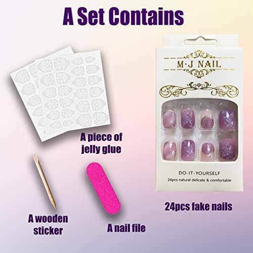 Qingge Purple Press On Nails Short Square Glossy Fake Nails Camellia Flowers Stick On Nails With Gold Line Glue On Nails Pearl Acrylic Nails Summer Exquisite Static False Nails For Women 24Pcs #TOP2