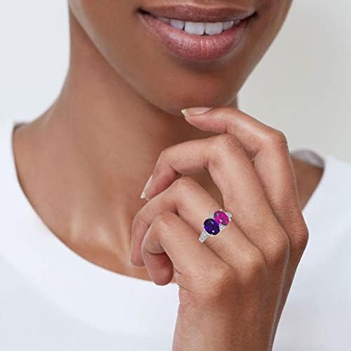 Jeulia Sterling Silver Purple Amethyst Women Ring Women's 2-Stone Engagement Ring Oval Fancy Pink diamond Promise Wedding Band Anniversary Crystal Halo Bridal Ring Set with Jewelry Gift Box