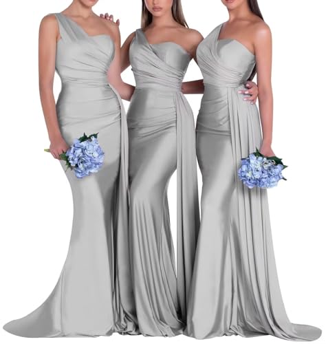 Image of One Shoulder Bridesmaid Dresses for Wedding Long Satin Bodycon Prom Dress Mermaid Formal Evening Gowns