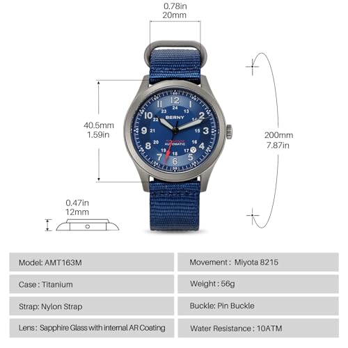 Image of BERNY Automatic Titanium Watch for Men 10ATM Waterproof Men's Field Watch Super Luminous Male Analog Mechanical Military Wrist Watch AR Sapphire Crystal Date Calendar Birthday Present