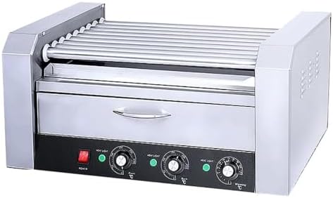 Hot Dog Roller Grill with Bread Warming Drawer - 9 Roller Maker for Parties, Food Trucks, and Booths - Quick and Efficient Cooking
