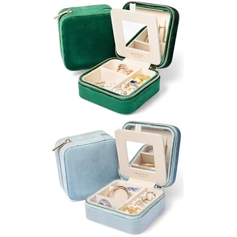 BLUTETE Travel Jewelry Box Organizer Velvet Travel Case With Mirror Ring Earrings Necklaces Storage Organizer Box-Set of 2- Sky Blue, Forest Green Cover