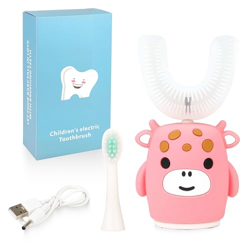 キッズ ソニック 電動歯ブラシ U字型 自動タイマー IPX7 防水 5モード 360度 口腔洗浄 歯 ホワイトニング 歯ぐき マッサージ 交換可能 ソフト漫画 2-7用 (ピンクカウ)