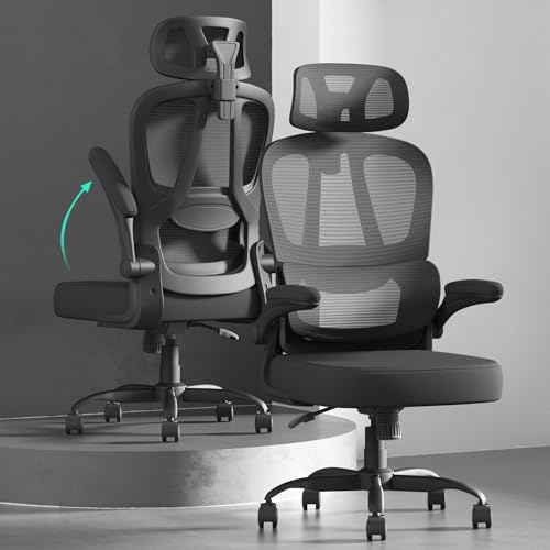 Submi Office Chair, Ergonomic Office Chairs, Flip-up Desk Chair for Adults, Mesh Computer Chair with Lumbar Support & Adjustable Headrest, High Back Home Office Task Chairs, Comfy, Study, All Black