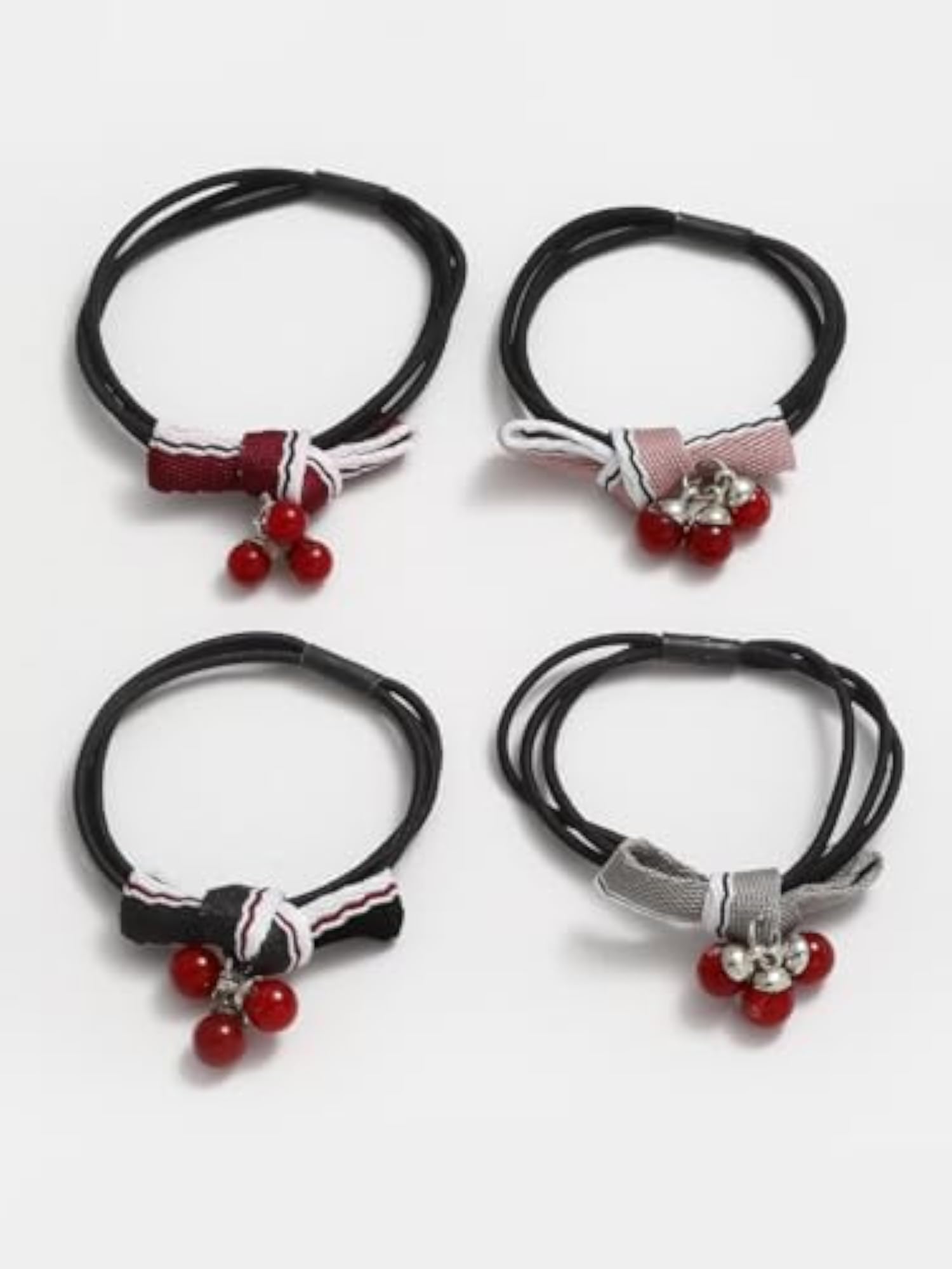 Set of 4 Bow Detail Beaded Ponytail Holders for Girls