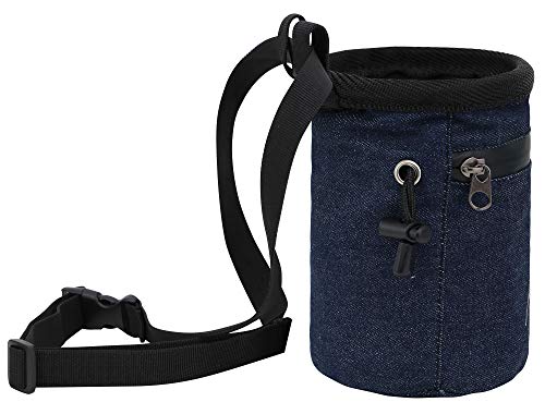 AMC Rock Climbing Chalk Bag with Embroidery/Pocket/Belt (Denim Blue, 6 inches x 4 inches)
