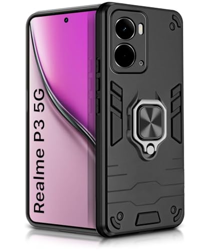 Image of WOW IMAGINE Shock Proof Back Case Mobile Cover for Realme P3 5G | Back Cover Case (Tough Armor | Hybrid PC + TPU | Ring Holder & in-Built Kickstand | Black)
