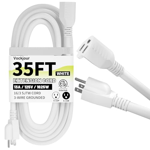 35 Ft 13A 1625W 16AWG White Indoor Outdoor Extension Cord Waterproof Extension Cord with 3 Prong Grounded Plug Flexible Weatherproof Power Cable SJTW