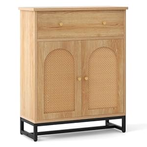 Tangkula Bathroom Storage Cabinet with Rattan Doors Drawer Sideboard Buffet Cabinet Coffee Bar for Living Room Hallway Entryway Freestanding Accent Floor Cabinet Farmhouse Natural