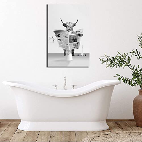 Hhgaoart Funny Highland Cow Wall Art In Bathtub, Humor Animals Bathroom Picture Black And White Canvas Painting Rustic Farmhouse Style Wall Decor (16X24-Unframed,Reading Newspaper) #TOP2