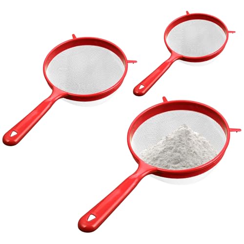 Kitchen Sieve, 3 Sizes (3/4/5 Dia.) Fine Mesh Sieves for Cooking, Plastic Handled Strainer for Flour Food Washing Draining Pasta Spaghetti Rice Vegetable, Red