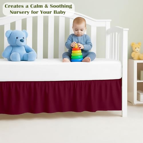 Image of Luxury Crib Bed Skirt 28 inch x 52 inch with 14 Inch Drop Soft & Breathable Dust Ruffle Fits Standard Crib and Toddler Bed Nursery Microfiber Fabric Ruffle Bed Skirt for Baby Boys or Girls Burgundy Solid