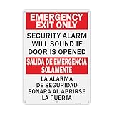 T&R Large Emergency Exit Only Bilingual Sign Security Alarm Will Sound If Door Is Opened - 1 Pack - 14 x 10 Inches Rust Free .040 Aluminum Reflective - UV Protected, Waterproof, Weatherproof and Fade Resistant - 6 Pre-drilled Holes