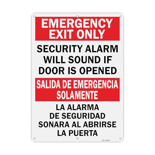 Image of T&R Large Emergency Exit Only Bilingual Sign Security Alarm Will Sound If Door Is Opened - 1 Pack - 14 x 10 Inches Rust Free .040 Aluminum Reflective - UV Protected, Waterproof, Weatherproof and Fade Resistant - 6 Pre-drilled Holes