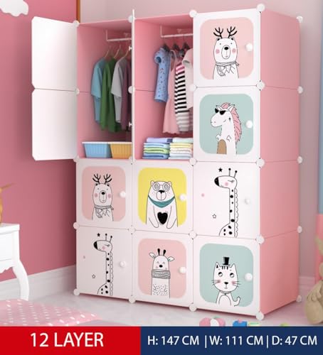 Image of Plastic Wardrobe for Kids Clothes - Durable, Easy to Use Anti-Skid & Non-Slip Effective Professional Collapsible Wardrobe, Plastic Cupboard for Kids, Foldable Almirah (Pink KTH2,12-Door).