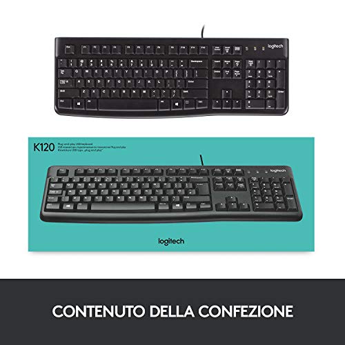Logitech Tastiera Cablata K120 per Windows, Dimensioni Regolari, Resistente ai Liquidi, Barra Spaziatrice Curva, PC / Notebook, Layout QWERTY Italiano, Colore Nero