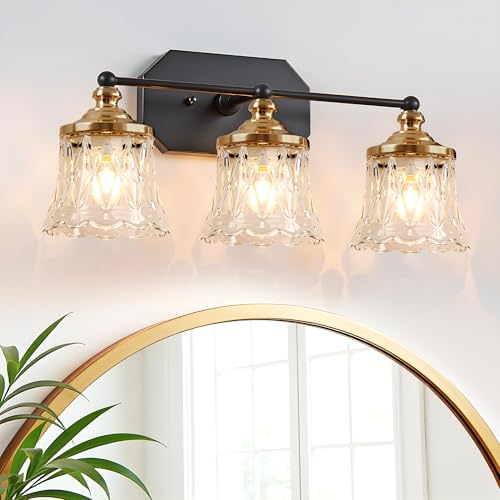 Vintage Bathroom Vanity Light Fixtures, Black and Gold 3-Light Vanity Light, Antique Bathroom Lighting Fixtures Over Mirror with Crystal Glass Shade, Vanity Lights for Bedroom Living Room Hallway