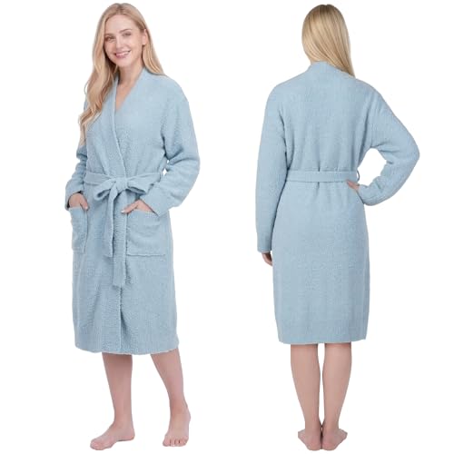 Image of PAVILIA Premium Plush Robe for Women, Soft Cozy Fuzzy Bathrobe with Pockets, Warm Mid-Length Lounge Robe with Tie Belt