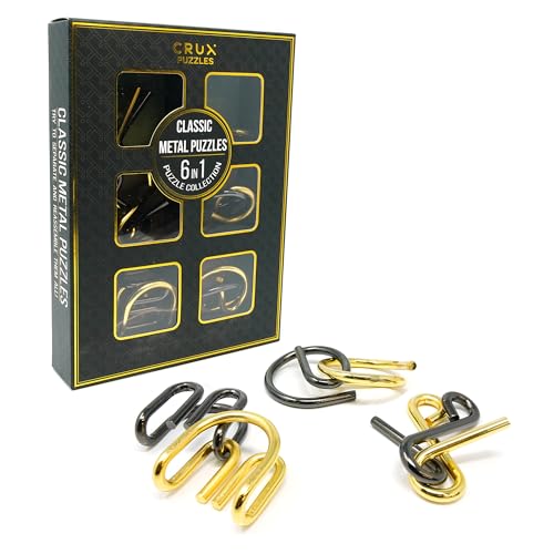 Crux Classic Metal Puzzles - Set Of 6 - Metal Brainteasers For Adults - STEM Gift