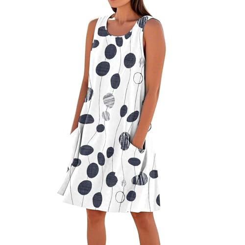 Fulidngzg Leinenkleider Damen Sommer Knielang Strandkleid Freizeit Ärmellos Sommerkleid Leinen Baumwolle Kleider mit Taschen